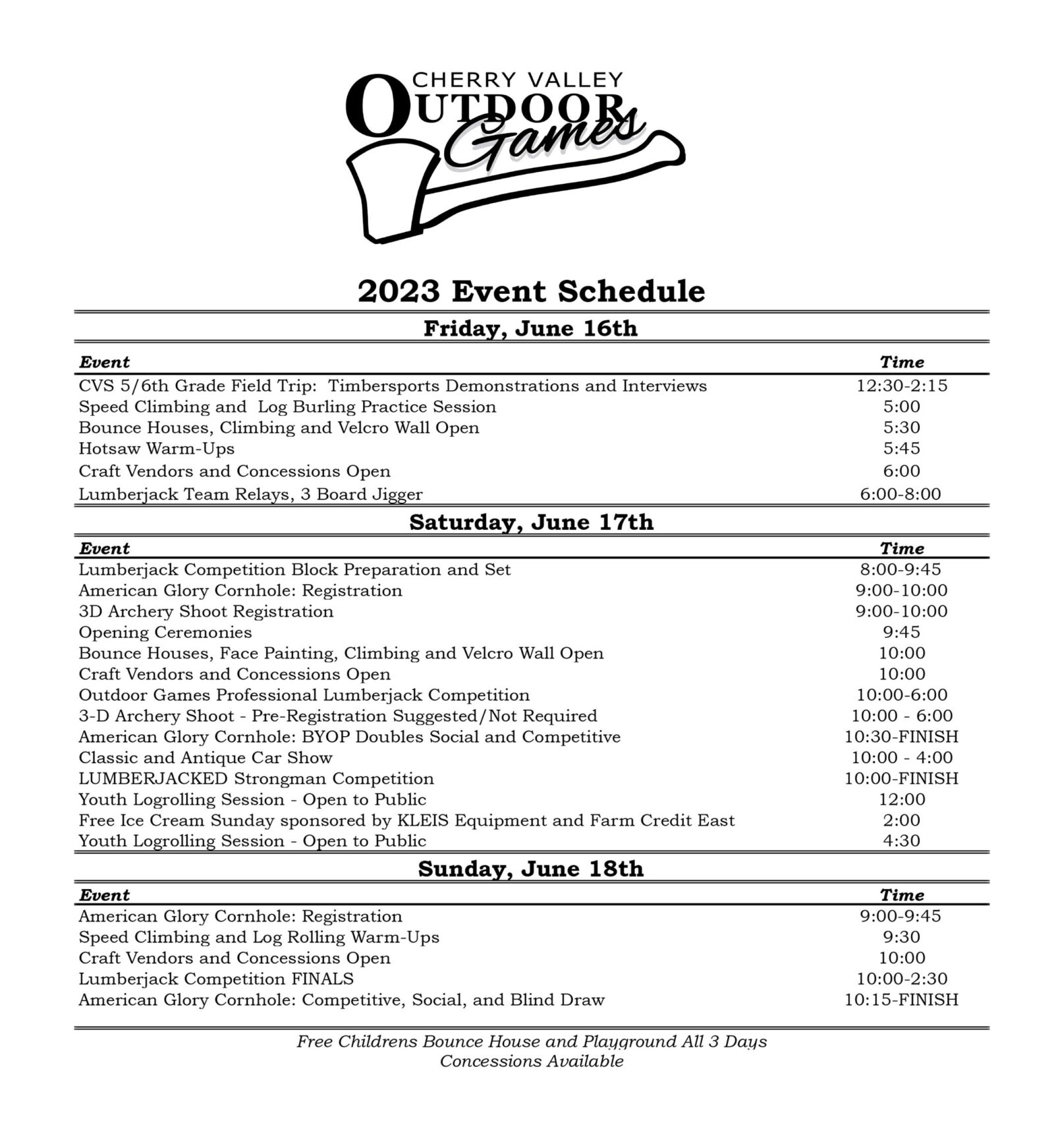 Schedule of Events Cherry Valley Outdoor Games